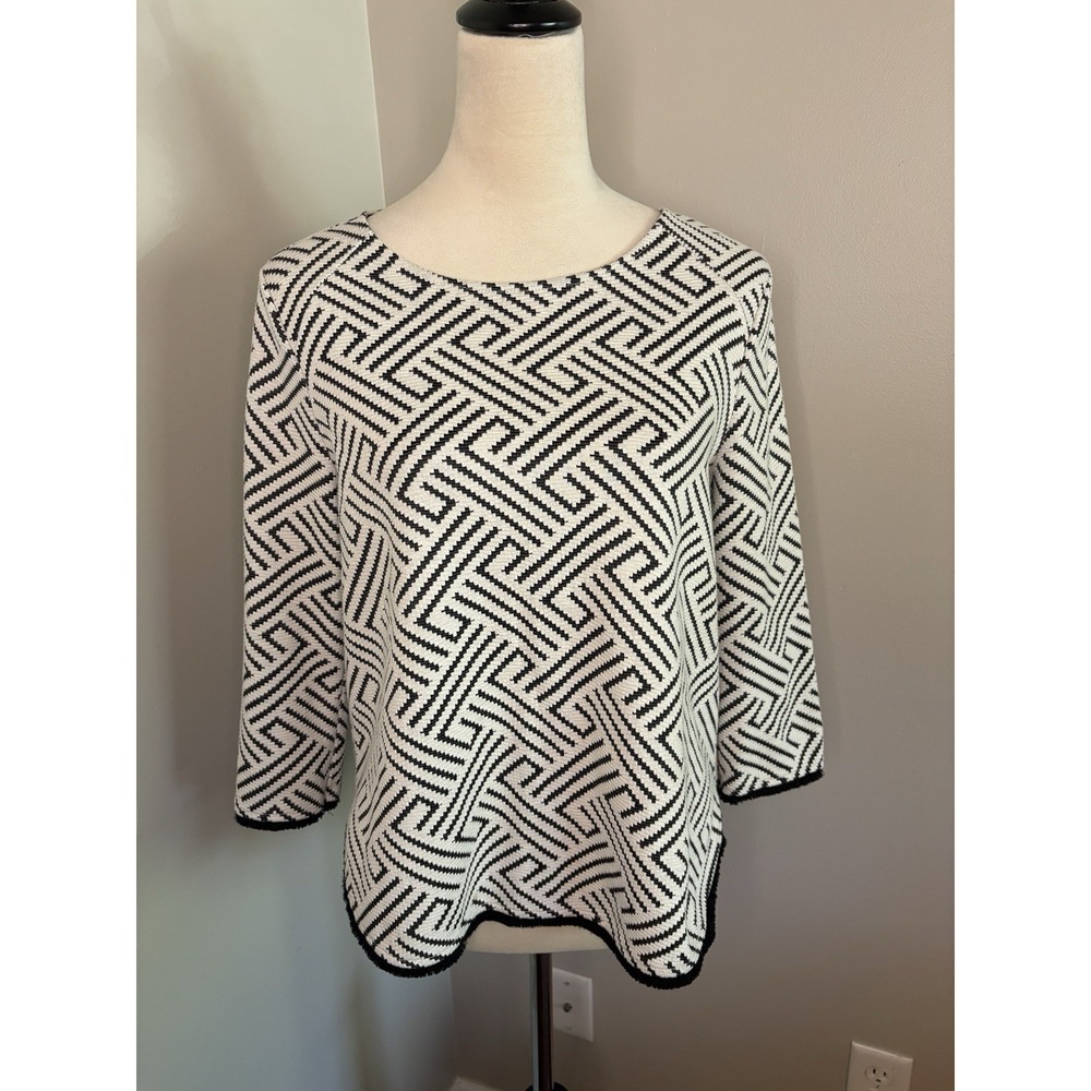 W5 Anthropologie Geometric Knit Top Small S Black White Chevron Boxy 3/4 Sleeve